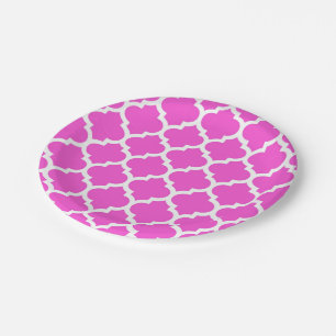 Hot Pink White Moroccan Quatrefoil Pattern #5 Papieren Bordje
