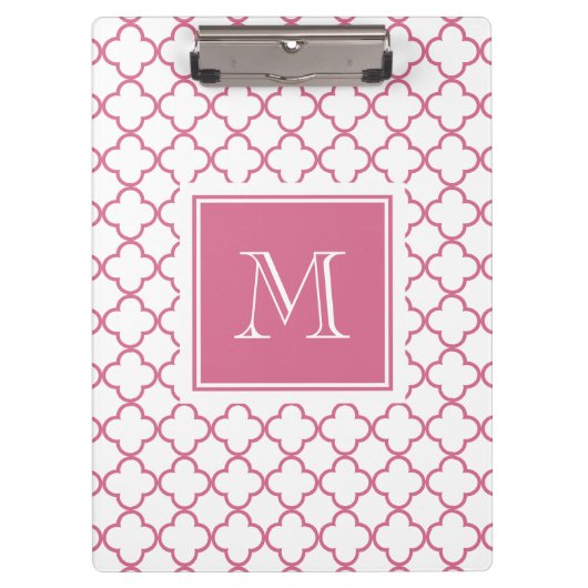 Hot Pink White Quatrefoil | Uw monogram Klembord (Voorkant)