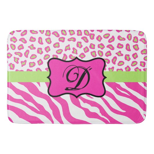 Hot Pink White Zebra Leopard Skin Monogram Badmat (Voorkant)