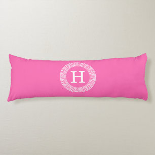 Hot Pink WHT Greek Key RND Lijst Initiaal monogram Lichaamskussen
