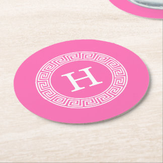 Hot Pink WHT Greek Key RND Lijst Initiaal monogram Ronde Kartonnen Onderzetter