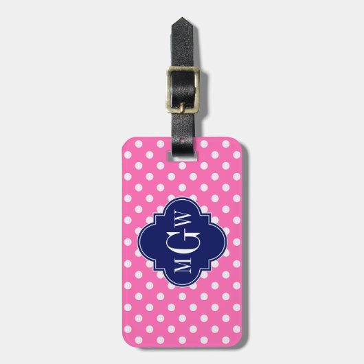 Hot Pink Wht Polka Dots Navy Quatrefoil 3 Monogram Bagagelabel (Voorkant verticaal)