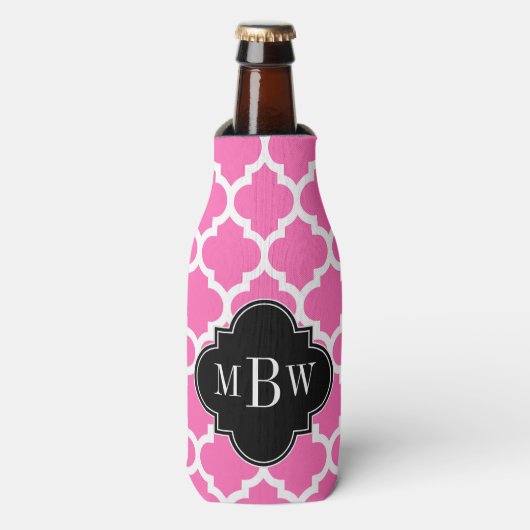 Hot Pink Wt Moroccan #5 Black 3 Initiaal monogram Flesjeskoeler (Fles Voorkant)