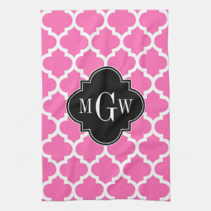 Hot Pink Wt Moroccan #5 Black 3 Initiaal monogram Theedoek