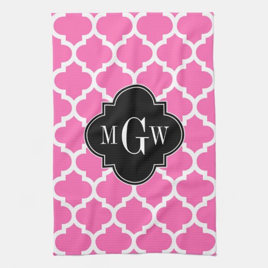 Hot Pink Wt Moroccan #5 Black 3 Initiaal monogram Theedoek (Verticaal)