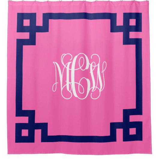 Hot Pink Wt Vine Monogram DIY BG & Grieks Key Lijs Douchegordijn (Voorkant)