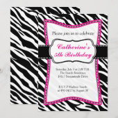 'Hot Pink Zebra Child's Birthday'-uitnodiging. Kaart (Voorkant / Achterkant)