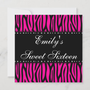Hot Pink Zebra Diamonds Sweet 16 Birthday Kaart