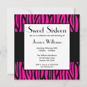 Hot Pink Zebra Modern Sweet 16 Birthday Party Kaart