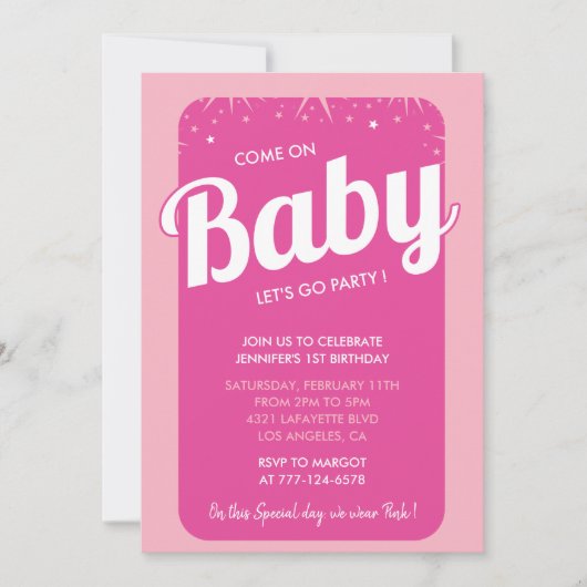 Hot rose 1er anniversaire invitations fille mignon (Devant)