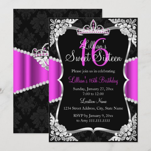 Hot rose argent noir Tiara Sweet 16 Invitation (Devant / Derrière)