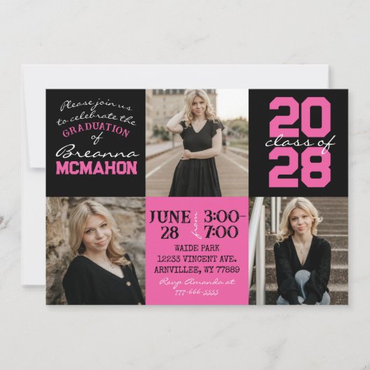 Hot Rose & Black 3 Photo Graduation Invitation (Devant)