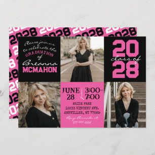 Hot Rose & Black 3 Photo Graduation Invitation