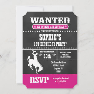 Hot rose Chalkboard Cowboy Invitation d'anniversai