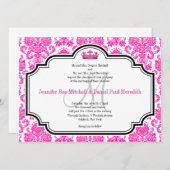 Hot rose Damask Noir Blanc Mariage Invitations (Devant / Derrière)