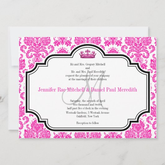 Hot rose Damask Noir Blanc Mariage Invitations (Devant)