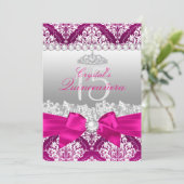 Hot rose Damask & Pearl Bow Quinceanera Invitation (Debout devant)