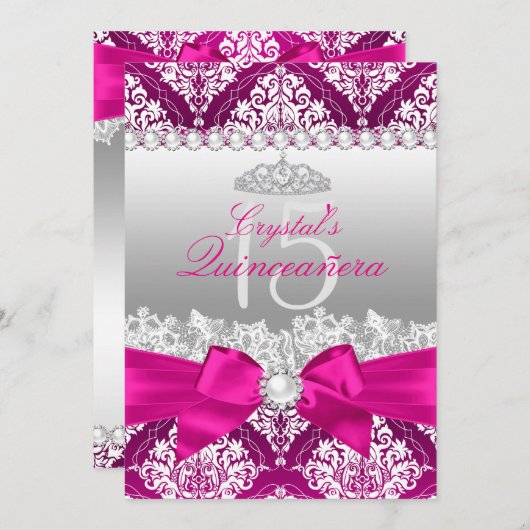 Hot rose Damask & Pearl Bow Quinceanera Invitation (Devant / Derrière)