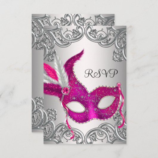 Hot rose en argent Masquerade Party RSVP (Devant / Derrière)