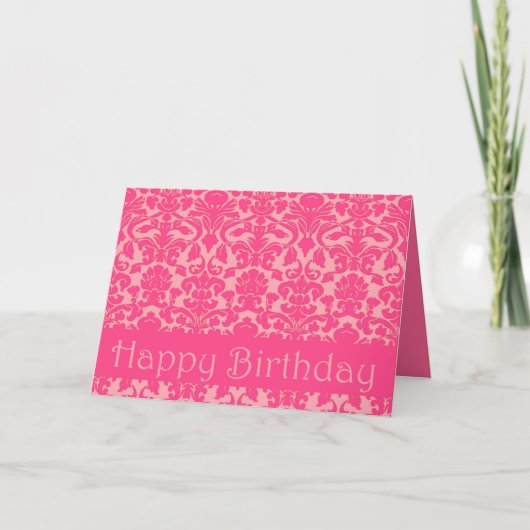 Hot rose Floral Damask Bonne carte d'anniversaire (Devant)