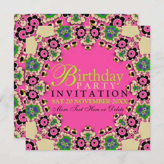 Hot rose Fun Floral Invitations d'anniversaire (Devant / Derrière)