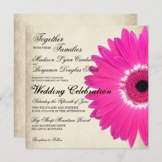 Hot rose Gerber Daisy Rustic Wedding Invitations (Devant / Derrière)