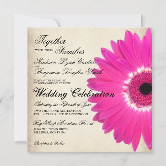 Hot rose Gerber Daisy Rustic Wedding Invitations (Devant)