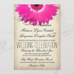 Hot rose Gerber Daisy Rustic Wedding Invitations