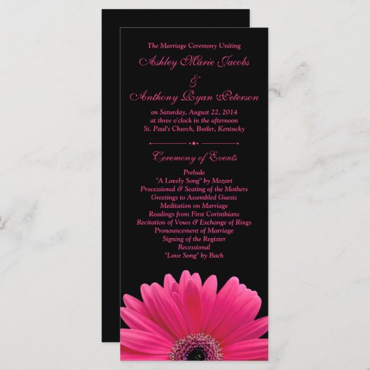 Hot rose Gerbera Daisy Black Wedding Programme (Devant / Derrière)