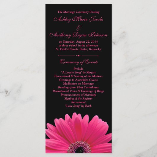 Hot rose Gerbera Daisy Black Wedding Programme (Devant)
