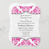 Hot rose gris Damask Mariage de crochet Invitation (Devant / Derrière)