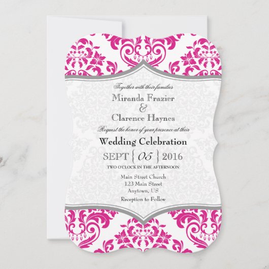 Hot rose gris Damask Mariage de crochet Invitation (Devant)