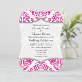 Hot rose gris Damask Mariage de crochet Invitation (Debout devant)