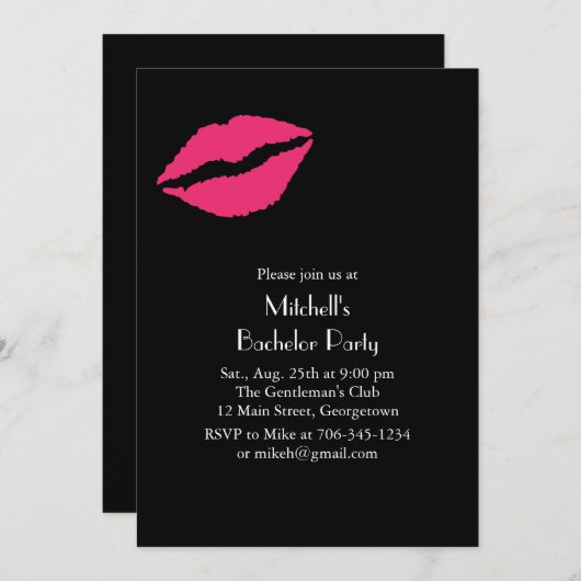 Hot Rose Lips Bachelor Party Invitation (noir) (Devant / Derrière)