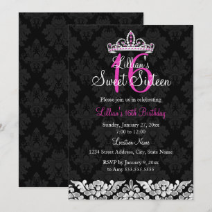 Hot rose noir Damask & Tiara Sweet 16 Invitation