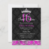 Hot rose noir Damask Tiara Sweet 16 Invitation (Devant)