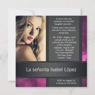 Hot rose noir photo Quinceanera Invitations