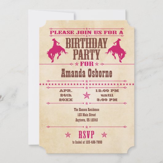Hot rose Vintage Cowboy Invitation d'anniversaire (Devant)
