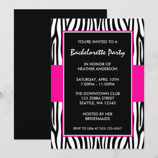 Hot rose Zebra Bachelorette Invitations (Devant / Derrière)