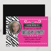 Hot Rose & Zebra Girls Invitations photo d'anniver (Devant / Derrière)
