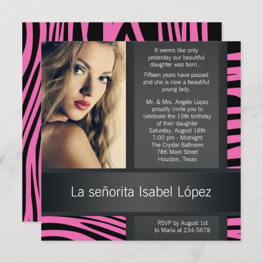 Hot rose Zebra Photo Quinceanera Invitations (Devant / Derrière)