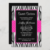 Hot rose Zebra Polka Dot Sweet 16 Invitations (Devant / Derrière)