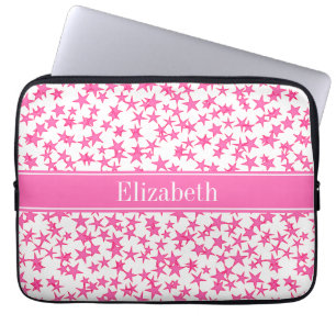 Hot Roze 2 sterren White BG, Hot Pink Name Monogra Laptop Sleeve