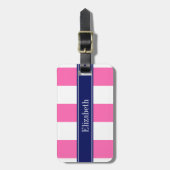 Hot-roze #2 XL Stripes, Navy 5c Naam Monogram Bagagelabel (Voorkant verticaal)