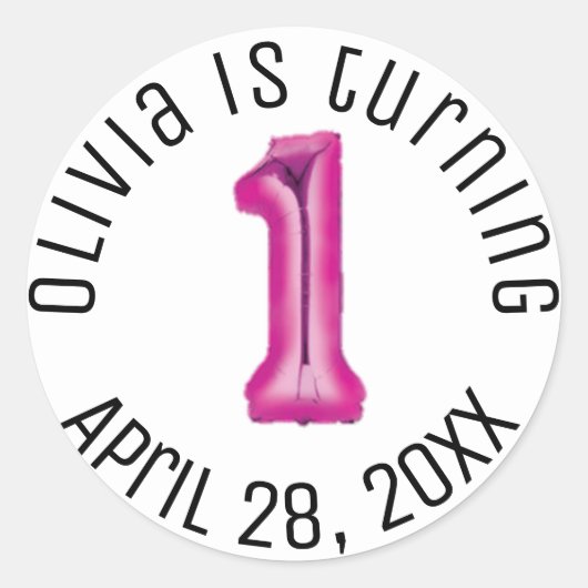 Hot-Roze ballon First Girl Birthday Modern Party Ronde Sticker (Voorkant)