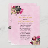 Hot-roze Black Gold Peony Rehearsal Dinner Kaart (Voorkant / Achterkant)