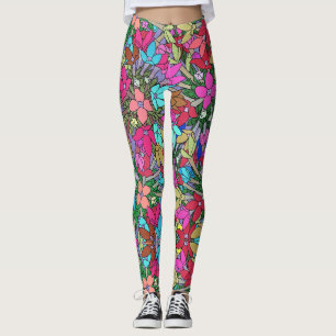 Hot roze, blauw, groen bloemenprint Leggings