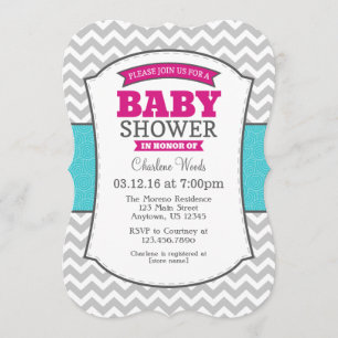 Hot Roze Blauwgroen Grijs Chevron Baby shower Uitn Kaart