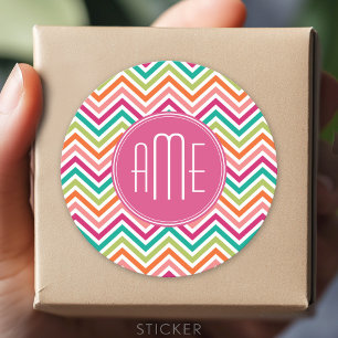 Hot-Roze Blauwgroen Oranje Chevrons Aangepast mono Ronde Sticker
