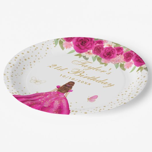 Hot Roze Bloemen Bruin Haar Meisje Verjaardagsfees Papieren Bordje (Gekanteld)